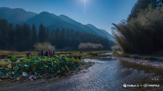 山居秋暝。空山新雨后，天气晚来秋。明月松间照，清泉石上流。竹喧归浣女，莲动下渔舟。随意春芳歇，王孙自可留。 by Hailuo AI Video Generator