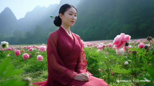 古朴汉服美人跪坐牡丹花海，深红曲裾配素纱内衬，乌发简单盘起插玉笄，眉眼细长未施胭脂，指尖轻触花瓣，背景是青绿远山薄雾，阳光柔和洒在花上。” by Hailuo AI Video Generator