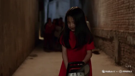 生成一个中式恐怖小女孩，头发长长的很顺滑，但是披在脸上，手拿着一个电锯，嘴巴被缝上了，身上一袭红衣，一开始他的表情是恐慌，后面变成兴奋，拿着电锯冲向一群人，把他们全杀了。 by Hailuo AI Video Generator