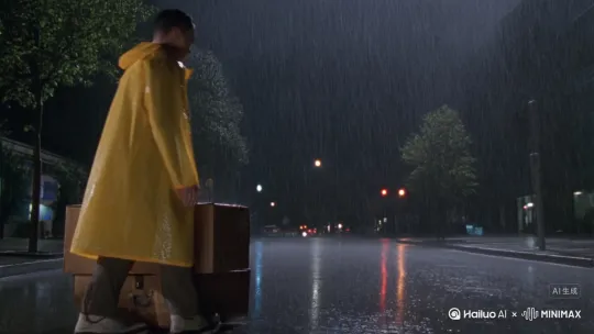 暴雨砸在小哥的黄色雨衣上，水珠顺着帽檐滚成线。他弯腰碰了碰鼓囊囊的外卖箱，箱缝突然漏出一缕碎金似的光——镜头猛切特写：箱扣“咔嗒”弹开，三只巴掌大的奶猫仰头晃尾巴，尾巴尖扫过他沾着泥的运动鞋，眼底的光比雨里的路灯还亮。
 
（5秒拆解：1秒铺环境+1秒制造悬念+2秒核心画面+1秒细节共情，用“日常角色+意外温暖”戳共鸣，光影对比强适合抓帧） by Hailuo AI Video Generator