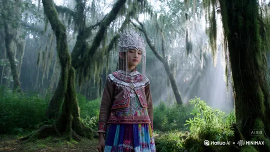 中国苗疆少女在森林里面摇铃铛 by Hailuo AI Video Generator