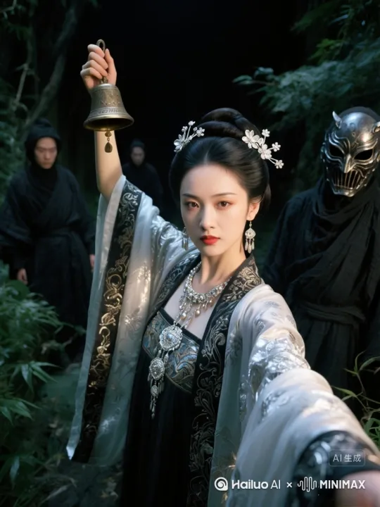 固定果踪镜头少女左手保持不动，向前走着，接着抬起拿着铃的右手，她轻轻摇晃右手上的铃，少女身后
的人听到铃铛的声音，像是受到少女的使，从少女身侧快速的向前走去 by Hailuo AI Video Generator