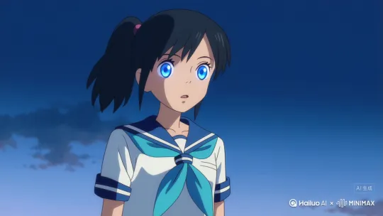 一个日本水手服少女蓝色的眼眸突然失去光彩，短路倒地，人类伪装消失，变成了骨骼五官，身体金属机器人原本模样 by Hailuo AI Video Generator