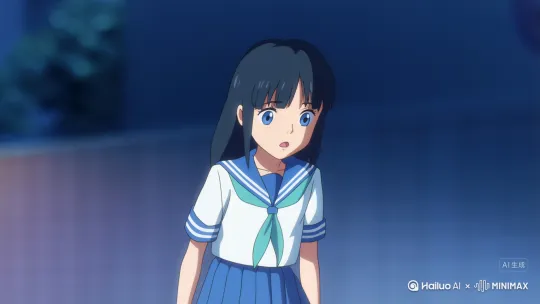 一个日本水手服少女蓝色的眼眸突然失去光彩，短路倒地，人类伪装消失，变成了骨骼五官，身体金属机器人原本模样 by Hailuo AI Video Generator