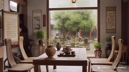 - 场景主体:中式传统建筑室内茶室,大玻璃窗可看庭院景致
- 室内布置:原生态木质茶台,台上摆放古朴陶制花瓶、中式茶具,搭配不规则造型木质座椅 ,室内有中式屏风、字画装饰,摆放绿植盆栽
- 室外景观:中式古建筑庭院,树木葱郁,有石头点缀,细雨飘落
- 光线氛围:柔和自然光线,营造静谧、闲适、禅意的氛围 by Hailuo AI Video Generator