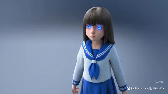 一个真人日本水手服少女蓝色的眼眸突然失去光彩，短路倒地，人类伪装消失，变成了机械五官，身体金属机器人原本模样 by Hailuo AI Video Generator