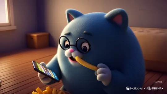 生成一个戴着眼镜的胖蓝猫人一边看手机一边吃薯条 by Hailuo AI Video Generator