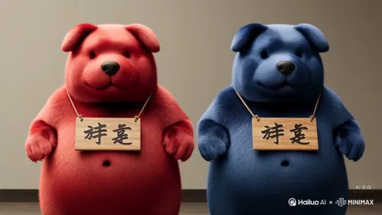 生存生成一个红色并且没有胳膊和一个蓝色没有胳膊的胖狗人，并且他们胸口有一个木牌写着我没有浮木 by Hailuo AI Video Generator