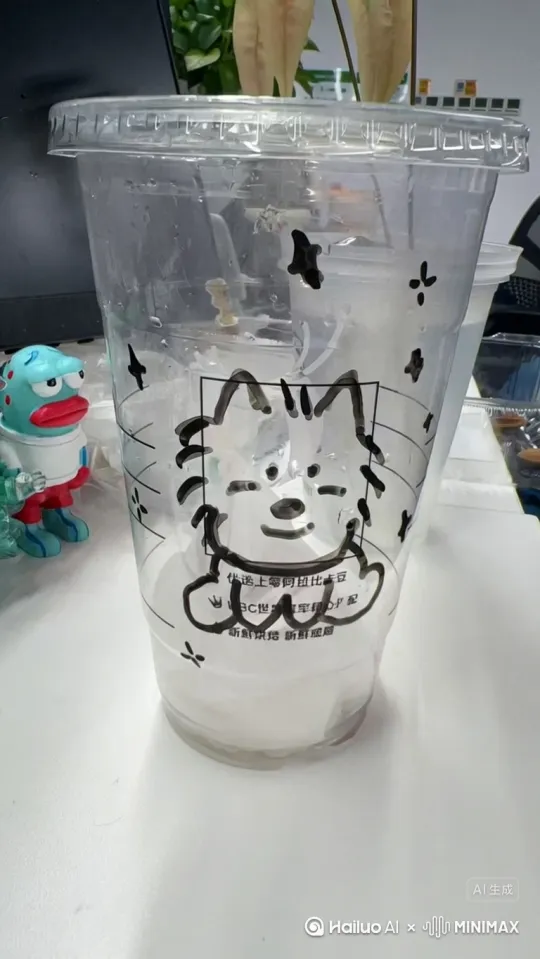 [左移,推进,右摇]让杯子上的小狗从2 维变成 3 维度，在杯子上下来，在桌面上跳舞，很开心的舞动，后面的背景也从现实转线科幻虚拟，背景是月球表面，要求过度自然 by Hailuo AI Video Generator