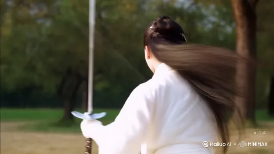 环绕运镜。角色身着白色汉服华袍，正在舞剑，青丝随风飘扬，突然回眸看向镜头，眼神凌厉。 by Hailuo AI Video Generator