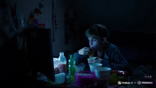 一个经常上网男孩患尿毒症的过程，经常不吃饭，不饮开水，用速食面代饭，奶茶各种饮料喝，日夜颠倒地上网，这种孩子 by Hailuo AI Video Generator