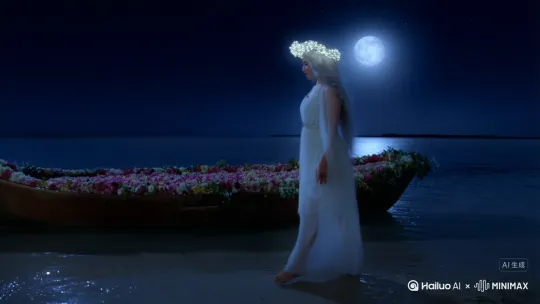 月光女神头戴花环，在海边漫步，在铺面鲜花的船长唱歌 by Hailuo AI Video Generator