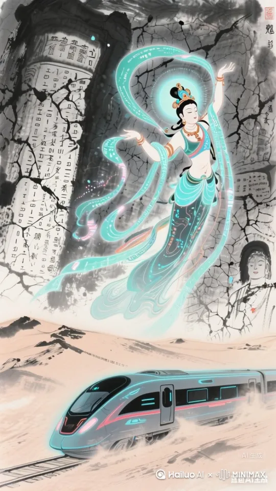 帮我生成一个视频：列车前行，飞天飘带随风轻舞，背景的文字闪闪星光。比例 9:16。[右移,左摇,跟随] by Hailuo AI Video Generator