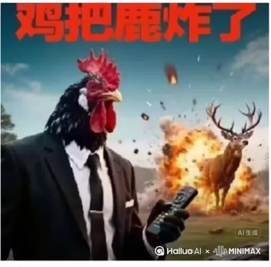 鹿爆炸了 穿着西装的鸡开心的跳舞 by Hailuo AI Video Generator