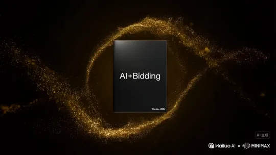 0-1秒：暗场中金色粒子流环绕悬浮标书封面
2-3秒：粒子突变为数据代码穿透标书
4-5秒：代码重组为“AI+招标”全息文字
6秒：文字坍缩为文兜LOGO粒子簇 by Hailuo AI Video Generator