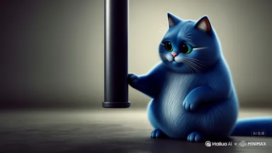 一只一只蓝色的胖猫用手抚摸一根黑色的管子，流出了牛奶 by Hailuo AI Video Generator