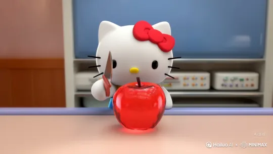 帮我生成一个视频:hello kitty用刀切割红色水晶苹果，切割三次，水晶苹果切开后一块块倒在桌板上，切开的苹果果肉也是水晶的。hello kitty表情不要变化。比例 3:4。要有咔咔声那种脆脆的感觉 by Hailuo AI Video Generator