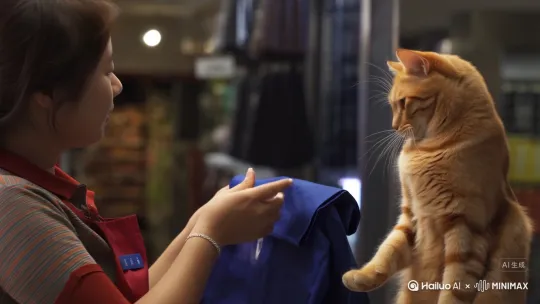 店长玲姐举着件缩小版的蓝色工服，看着眼前直立行走的橘猫。阿橘用力点头，蓬松的胡须抖了抖， by Hailuo AI Video Generator