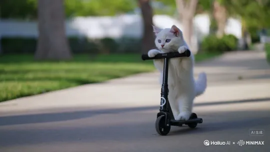 一只白色英短小猫踩滑板车 by Hailuo AI Video Generator