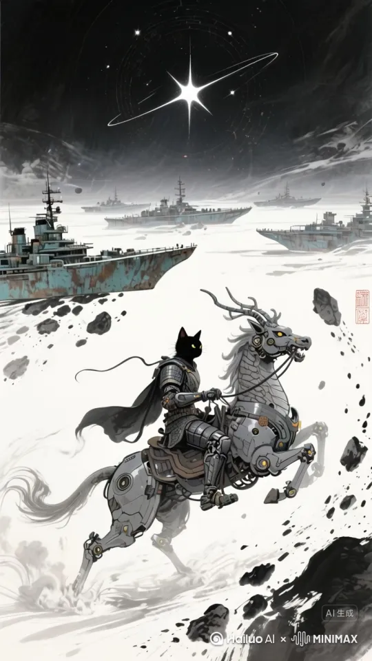 军舰浮动，麒麟飞起前行，猫身挺直，眼直视前方。[左移,推进,右摇][右移,跟随] by Hailuo AI Video Generator
