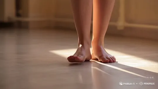 一位美女光脚丫走在洒满阳光的地板上，脚丫白嫩 by Hailuo AI Video Generator