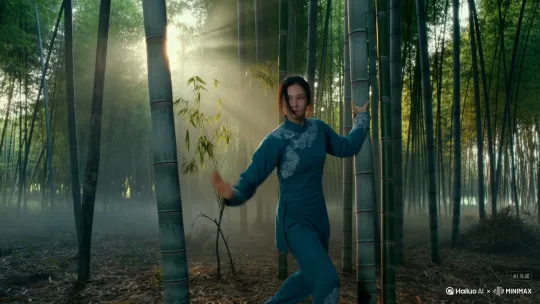 一位身姿矫健的女子在晨雾缭绕的竹林中练武，身着一袭墨青色束腰劲装，袖口与裤腿以银线绣着流云纹，随动作翻飞如蝶。她足踏软底短靴，乌黑长发以一根木簪松松挽起，几缕碎发被薄汗沾湿，贴在颈侧。  

竹影婆娑间，朝阳透过叶隙洒下斑驳金光，雾气如纱浮动，将她腾挪的身影衬得若隐若现。她忽而旋身跃起，掌风扫落几片竹叶；忽而沉腰推掌，衣袂破开凝滞的晨露。四周唯有竹节轻颤的簌簌声与她吐纳的气息交织，仿佛连林间的风也随她的节奏凝滞了一瞬。 by Hailuo AI Video Generator