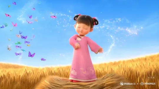 分镜头 4：与蝶共舞（诗意收尾）
镜头内容：萌娃受蝴蝶鼓舞，重新活力满满，张开双臂转圈，彩蝶纷纷围拢，像给她织了件 “蝴蝶披风”。麦浪伴奏、蝶影为裳，萌娃笑着、闹着，最后躺在麦堆上，看彩蝶在天空画出弧线，小手指向蓝天咿呀哼歌，画面渐暗，留下满屏治愈余韵 。
爆款逻辑：用 “萌娃与蝶共舞” 的诗意画面收尾，传递 “童真、自然美好” 的情绪价值，契合短视频 “结尾留记忆点” 的爆款节奏，让观众看完想 “再来亿遍”。
AI 绘图提示：
3D渲染卡通风格，9:16比例，古风萌娃躺在麦田，粉汉服被风吹起，周身围绕彩蝶，眼神放空又满足，麦浪、蓝天营造诗意氛围，突出治愈收尾 by Hailuo AI Video Generator