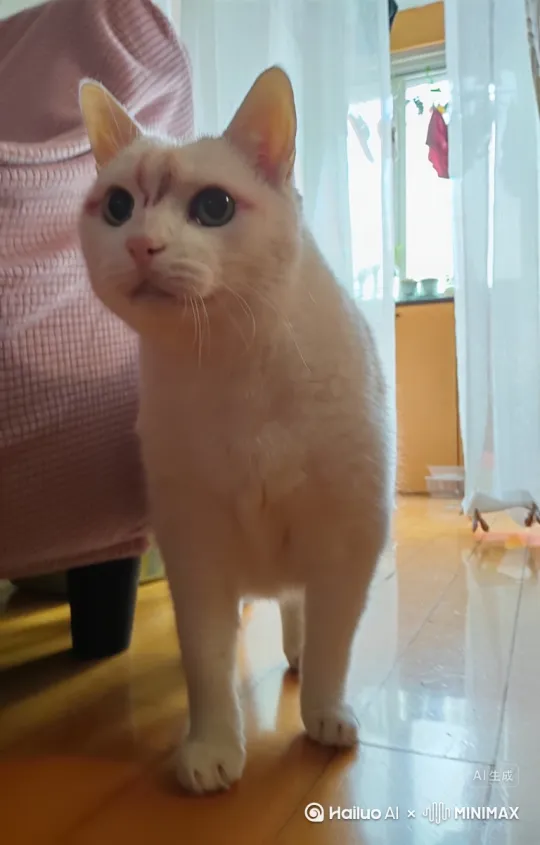 请让这只猫走到身后的纱帘边，再走到镜头前，蹭蹭镜头，然后跳上沙发 by Hailuo AI Video Generator