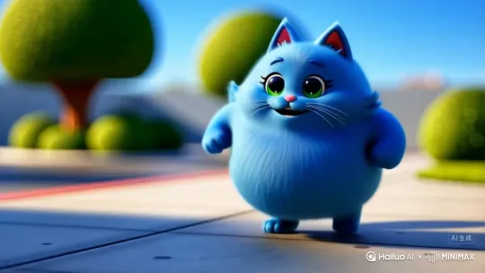 三3d动画效果蓝色胖猫一边走路一边唱歌的视频 by Hailuo AI Video Generator