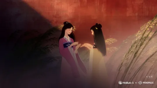 大风，暗红色宫墙背景，许多细长柳枝，两个唐朝襦裙少女宫女，聊天，动态动作，全局朦胧，人物泛光，神秘，活泼，温暖，发丝发光，合理繁复色彩饱满的细节，磨砂肌理绘画，笔触感，写意，浸润，流变，强烈光影明暗对比。 by Hailuo AI Video Generator