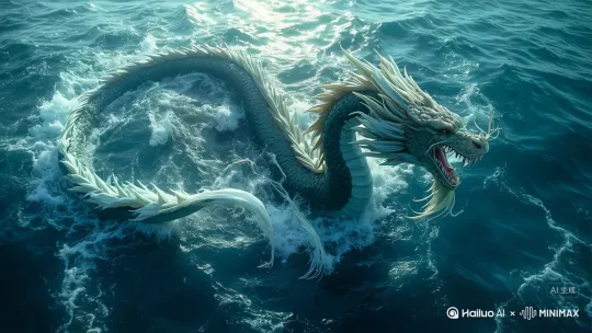 浩瀚碧海，波涛汹涌，一条巨大优雅的白色东方巨龙破浪而出，鳞片闪耀珍珠光泽，水花飞溅（慢动作）。 by Hailuo AI Video Generator