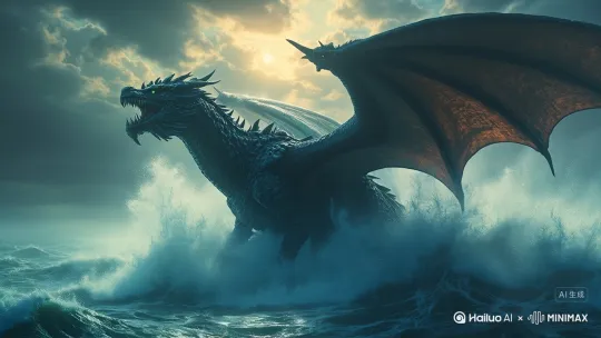 巨龙从海中升起的特写镜头，震撼视觉特效，电影级画面 by Hailuo AI Video Generator