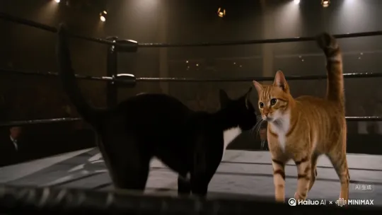 Two cats engaged in an intense Wing Chun martial arts match on a professional combat ring, their movements dynamic and evenly matched—authentic, fluid, and visually striking.

The ring is a standard squared platform with taut black ropes, a textured dark gray mat (scuffed with faint claw marks), and corner posts wrapped in white padding. Overhead, bright spotlights focus on the cats, casting sharp shadows on the mat, while the background blurs into a dim arena with indistinct cheering spectators (hint of colorful clothing and raised paws) to emphasize the combat focus.

Cat 1 (sleek black shorthair with white chest patch): In a low, grounded stance—front paws slightly bent, hind legs coiled for power, tail flicking subtly to balance. It throws a rapid "chain punch" (Wing Chun’s 连环冲拳) with its right front paw: sharp, straight jabs aimed at Cat 2’s shoulder, claws retracted but paws tense, muscles rippling along its forearms.

Cat 2 (tawny tabby with green eyes): Quick to counter, shifting weight to its left leg and raising its left front paw in a "tan sao" (摊手) block—paw angled to redirect Cat 1’s punch upward—while its right hind leg snaps forward in a low, precise "low leg sweep" (低腿扫), targeting Cat 1’s front ankle to disrupt balance. Its ears are flattened back, eyes sharp and focused on Cat 1’s centerline (a core Wing Chun principle).

Mid-action: Cat 1 dodges the sweep by lifting its front paw, then closes the distance, pressing into "chi sao" (黐手 /sticky hands)—both cats’ front paws now 黏住 (lightly touching), palms pressing, as they feel each other’s force: Cat 1 circles its right paw to hook around Cat 2’s defense ("bong sao" 膀手), while Cat 2 responds by rolling its left paw inward ("fook sao" 伏手) to neutralize, their bodies swaying slightly with the push-pull rhythm of Wing Chun’s close-range combat.

Details for realism: Fur ripples with movement, whiskers twitch as they gauge distance, hind paws grip the mat for traction, and their expressions are intense by Hailuo AI Video Generator