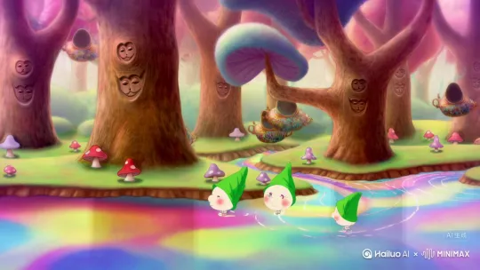 Whimsical mushroom trip, tiny gnomes wearing hats made of leaves, floating upside-down teapots, trees with smiley faces, rainbow rivers flowing backwards, Alice in Wonderland meets Studio Ghibli, soft pastel colors, dreamy lighting --niji 5" by Hailuo AI Video Generator