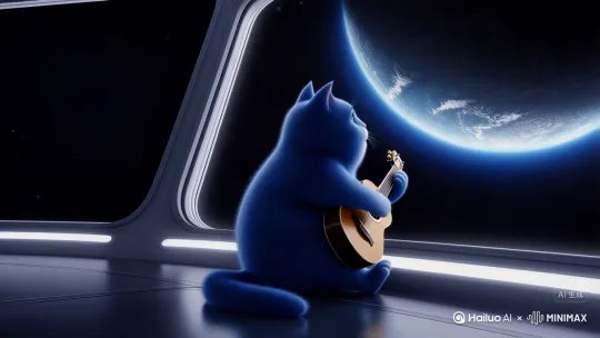 来一段蓝胖猫弹吉他的视频。在太空中宇宙飞船的玻璃窗里。看着地球 by Hailuo AI Video Generator