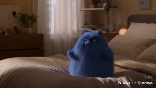 一个蓝色的可爱胖猫 在床上蹦蹦跳跳 说 起床起床起床起床 by Hailuo AI Video Generator
