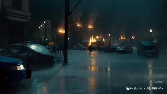 一位警察开着警车在雨夜的城市里疾驰，他透过窗户往外看，街道旁，全是破烂的车子和冒着火光的房子，以及游荡着的丧尸 by Hailuo AI Video Generator