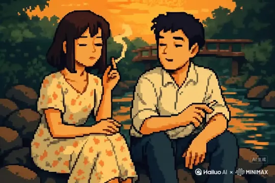 两人一起坐在小溪旁抽着烟聊着天 by Hailuo AI Video Generator