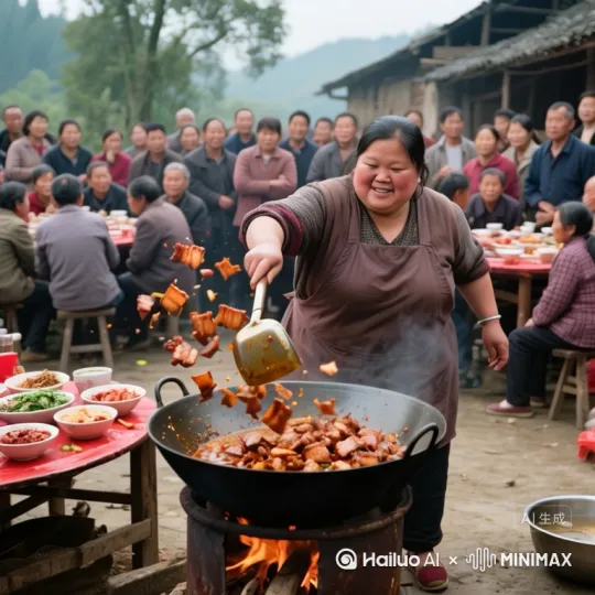 只见大妈原地几个托马斯旋转、手臂快速一挥，锅中的食材飞到空中急速旋转、快速旋转，随后食材依次落下，散发出诱人的香味。周围的人满脸惊叹，有的张大嘴巴，有的不禁拍手叫好。 by Hailuo AI Video Generator