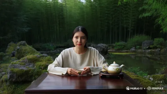 一个人坐在清幽的环境中喝茶 by Hailuo AI Video Generator