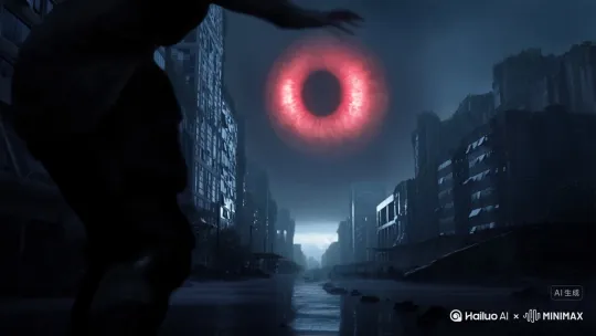 第一视角镜头在街道中跑动前进[晃动,跟随]，下雨，末世城市的风格，写实电影质感，科技感、紧张感氛围，高对比度。远处的天空有一只巨大的眼睛，发出红色光，极度具有压迫感。镜头想躲但是躲不掉眼睛的注视， by Hailuo AI Video Generator