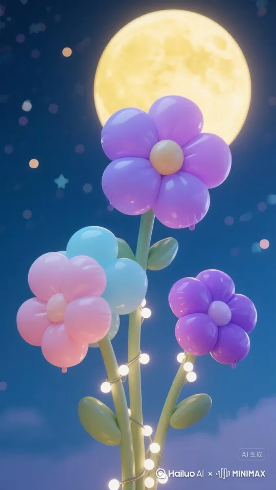 月光，彩灯，星光微光闪烁，微风拂过，花朵轻轻摇曳。[左移,推进,右摇][左移,右摇,跟随][左摇,变焦推进] by Hailuo AI Video Generator
