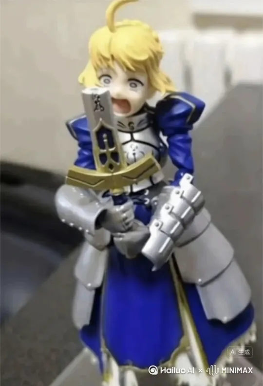 Fate 系列阿尔托莉雅 Saber 手办，紧握着缺角带裂纹的断剑 Excalibur，瞬间绽开极致惊讶的颜艺脸：眼尾泛红，白瞳暴突如受惊小鹿，瞳孔边缘泛着细碎泪光，嘴巴呈颤抖的哭腔式大张（仿佛下一秒就要哭出声）；头部像卡壳齿轮般快速左右甩动，每次转向镜头时，眼神像溺水者抓浮木般带着 “救我” 的求助感（镜头微晃，怼脸捕捉她眼眶含泪的脆弱），转向断剑时又瞪着裂纹僵住（表情写满 “怎么会这样” 的震惊）；结尾突然定格，断剑 “咔嗒” 砸在桌面，她保持侧脸朝镜头、半甩头的僵硬姿势，眼眶里的泪珠凝固在塑料脸颊上，像卡 Bug 的委屈机器人；全程保留手办塑料光泽，表情做 2D 颜艺化变形（突出含泪白瞳和颤抖嘴角），叠加复古噪点，放大 “高贵王秒变求助小可怜” 的反差萌。 by Hailuo AI Video Generator