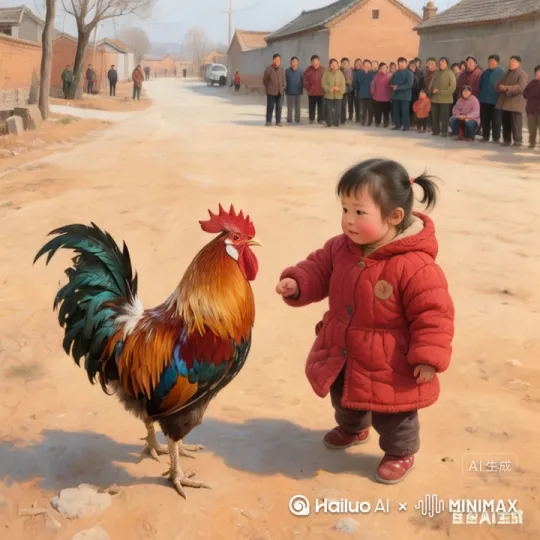 小女孩左腿猛地一蹬地，高高跃起，右脚如旋风般扫向公鸡的头部。公鸡机灵地低头闪躲，同时猛地向前一冲，用头顶向小女孩的腹部。小女孩左拳一招右拳则如雷霆万钧之势直击公鸡的侧身。公鸡侧身一扭，避开拳头，公鸡跳起来施展出迅猛的连环踢猛踢向小女孩。小女孩迅速抽回手，公鸡突然高高跃起，向小女孩踢去，小女孩趁公鸡落地未稳，飞起一脚踢在公鸡的后腿上，他们的招式刚柔并济，时而是刚猛的直拳，时而是柔美的转身回旋踢。其它的人都站起身来鼓掌呐喊 by Hailuo AI Video Generator