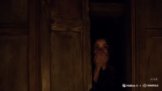 特别害怕特别害怕的女人在一个破旧的老柜子里画面黑暗，类似恐怖电影一般女人捂住嘴，满脸惊恐。柜子门突然被打开，女人尖叫，女人被拖走。 by Hailuo AI Video Generator