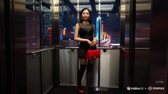 时尚都市风格，一位长相很美妆容精致的中国汉族女子，身体修长，身材凹凸有致，皮肤很白，正面平视角度。穿黑色蕾丝漏水紧身连衣短裙，黑丝长筒袜，红色高跟鞋，戴耳钉、项链，拎红色香奈儿手提包走出电梯。背景为观光电梯内部，透过电梯玻璃可以看到远处的楼宇霓虹灯、按钮面板、广告海报，氛围日常时尚。图片风格为写真 by Hailuo AI Video Generator