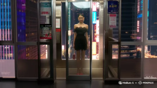 时尚都市风格，一位长相很美妆容精致的中国汉族女子，身体修长，身材凹凸有致，皮肤白皙，柳如烟圣体，正面平视角度。穿黑色蕾丝露肩紧身连衣短裙裙，穿红色高跟鞋，戴耳钉、项链，拎红色香奈儿手提包走出电梯。背景为观光电梯内部，透过电梯玻璃可以看到远处的楼宇霓虹灯、按钮面板、广告海报，氛围日常时尚。图片风格为写真 by Hailuo AI Video Generator