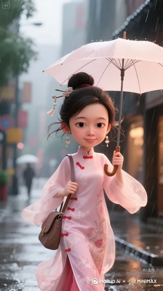环境：强风吹动所有轻质物体[拉远]
动态：头发、衣物和雨伞随风雨飘动，快速行走（赶去上班），自然地微笑，带着一点小心翼翼，担心在下雨天快速行走时滑倒 [跟随]
背景：远处天空有变化的云层和闪电 
元素：可见雨点，风刮过的落叶 by Hailuo AI Video Generator