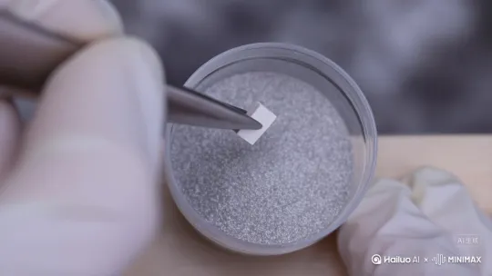 ASMR macro shot: A gloved hand holding a silver tweezers with asmall piece of white metal in it gently uses the tweezers to place themetal above a round petri dish filled with glittering silver powder.When the white metalis placed in the petri dish, the metalbloomsoutwards, and red crystals arow out of the petri dish.The soft metaclicks, the sound of crystals colliding, and the pleasant ripples andpops together create a dreamy atmosphere. by Hailuo AI Video Generator