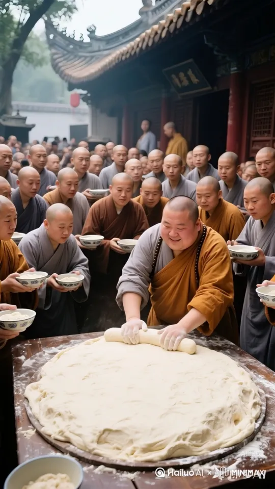和尚手臂猛的一挥，面团像球一样快速弹跳、疯狂弹跳、越来越高，周围的人一脸惊叹、拍手叫好 by Hailuo AI Video Generator